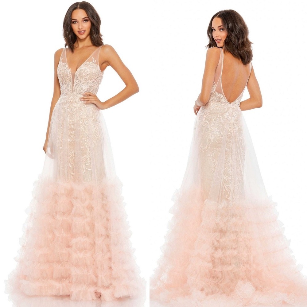 Mac Duggal NEW Pink Lace Ruffle Tiered Sleeveless Plunge Neck Gown $998 - Size 2